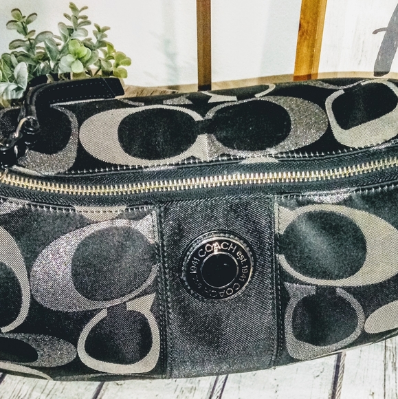 💎 Coach 3 Color Black Metallic Silver Signature Stripe Convertible Satchel Bag - Picture 9 of 12